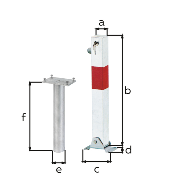 Absperrpfosten Little-Bo, eckig, umlegbar, Material: Stahl roh, Oberfläche: feuerverzinkt, weiß kunststoffbeschichtet mit einem roten, reflektierenden Ring, zum Einbetonieren, gleichschließendes Profilzylinderschloss mit drei Schlüsseln, Pfosten: 70 x 70 mm, Höhe über Boden: 600 mm, Plattenlänge: 160 mm, Plattenbreite: 100 mm, Bodenhülsen-Ø: 60 mm, Länge Bodenhülse: 400 mm, Anzahl Löcher: 4, Loch: Ø9 mm