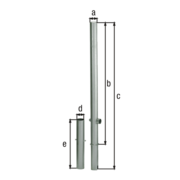 Absperrpfosten Passau, rund, herausnehmbar, Material: Stahl roh, Oberfläche: feuerverzinkt passiviert, zum Einbetonieren, Dreikantschloss ohne Dreikantschlüssel, Pfosten-Ø: 76 mm, Höhe über Boden: 1000 mm, Gesamtlänge Pfosten: 1200 mm, Bodenhülsen-Ø: 65 mm, Länge Bodenhülse: 400 mm