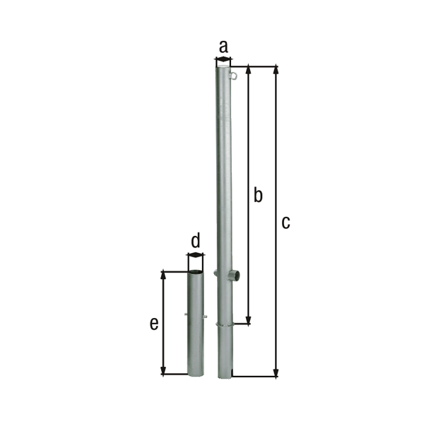 Absperrpfosten Passau, rund, herausnehmbar, Material: Stahl roh, Oberfläche: feuerverzinkt passiviert, zum Einbetonieren, Dreikantschloss ohne Dreikantschlüssel, Pfosten-Ø: 76 mm, Höhe über Boden: 1000 mm, Gesamtlänge Pfosten: 1200 mm, Bodenhülsen-Ø: 65 mm, Länge Bodenhülse: 400 mm, Verschließbarkeit: Dreikantschloss, Anzahl Ösen: 1