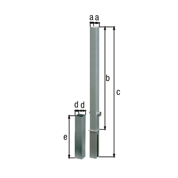 Absperrpfosten Passau, eckig, herausnehmbar, Material: Stahl roh, Oberfläche: feuerverzinkt passiviert, zum Einbetonieren, Dreikantschloss ohne Dreikantschlüssel, Pfosten: 70 x 70 mm, Höhe über Boden: 1000 mm, Gesamtlänge Pfosten: 1200 mm, Bodenhülse: 80 x 80 mm, Länge Bodenhülse: 400 mm