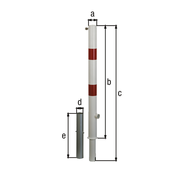 Bollard Passau-Royal, round, removable, Material: raw steel, Surface: hot-dip galvanised, white powder-coated with two red, reflecting rings, for setting in concrete, Post dia.: 60 mm, Height above ground: 1000 mm, Total length of post: 1200 mm, Ground sleeve dia.: 65 mm, Length of ground sleeve: 400 mm, No. of eyes: 0