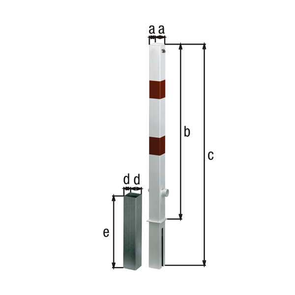 Bollard Passau-Royal, angular, removable, Material: raw steel, Surface: hot-dip galvanised, white powder-coated with two red, reflecting rings, for setting in concrete, Post: 70 x 70 mm, Height above ground: 1000 mm, Total length of post: 1200 mm, Ground sleeve: 80 x 80 mm, Length of ground sleeve: 400 mm, No. of eyes: 0