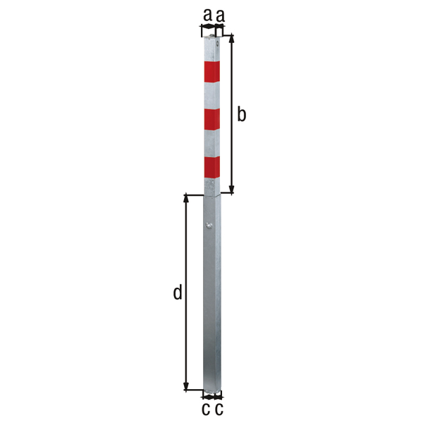 Bollard Quicky, drop-down, Material: raw steel, Surface: hot-dip galvanised, white powder-coated with three red, reflecting rings, for setting in concrete, Post: 70 x 70 mm, Height above ground: 1000 mm, 80 x 80 mm, Length of ground sleeve: 1100 mm