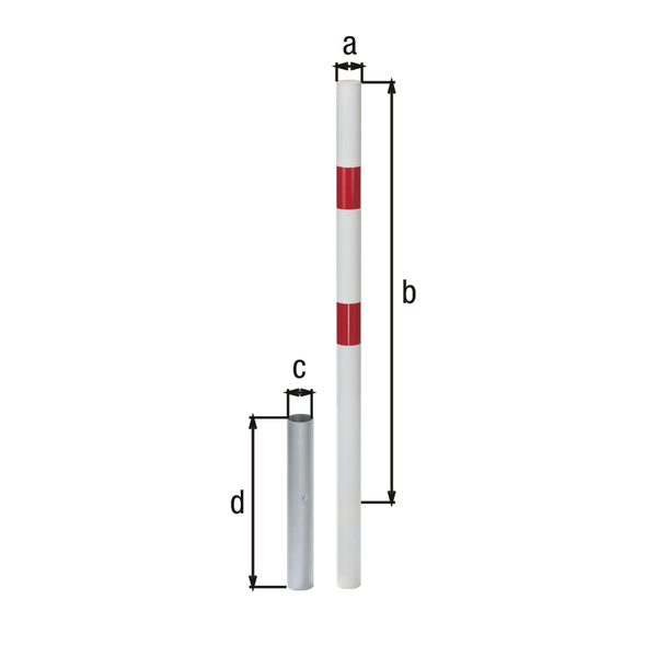 Absperrpfosten Stabo, herausnehmbar, Material: Stahl roh, Oberfläche: feuerverzinkt passiviert, zum Einbetonieren, Pfosten-Ø: 60 mm, Höhe über Boden: 1000 mm, Bodenhülsen-Ø: 65 mm, Länge Bodenhülse: 400 mm, Gesamtlänge Pfosten: 1200 mm, Anzahl Ösen: 0