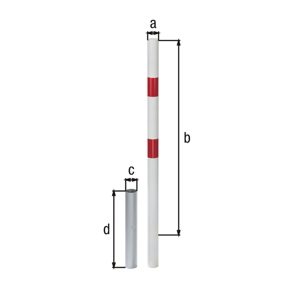 Absperrpfosten Stabo, herausnehmbar, Material: Stahl roh, Oberfläche: feuerverzinkt passiviert, zum Einbetonieren, Pfosten-Ø: 76 mm, Höhe über Boden: 1000 mm, Bodenhülsen-Ø: 65 mm, Länge Bodenhülse: 400 mm, Gesamtlänge Pfosten: 1200 mm, Anzahl Ösen: 0