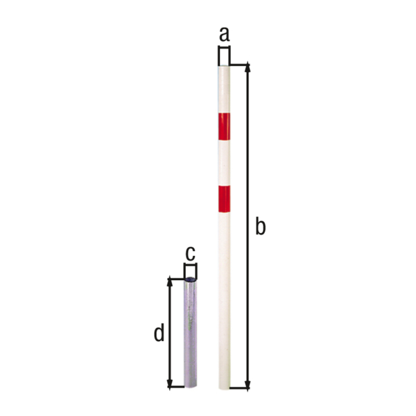 Bollard Stabo, removable, Material: raw steel, Surface: hot-dip galvanised, white powder-coated with two red, reflecting rings, for setting in concrete, Post dia.: 76 mm, Height above ground: 1000 mm, Ground sleeve dia.: 65 mm, Length of ground sleeve: 400 mm