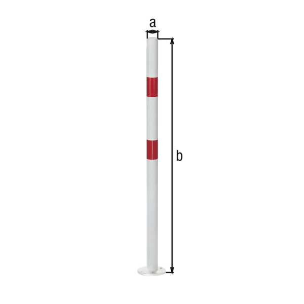 Bollard standard SK, round, Material: raw steel, Surface: hot-dip galvanised, white powder-coated with two red, reflecting rings, for screwing on, Post dia.: 60 mm, Height above ground: 1000 mm, Plate: 120 x 120 mm, Ground plate: 120 x 120 mm, No. of eyes: 0, No. of holes: 4, Hole: Ø13 mm