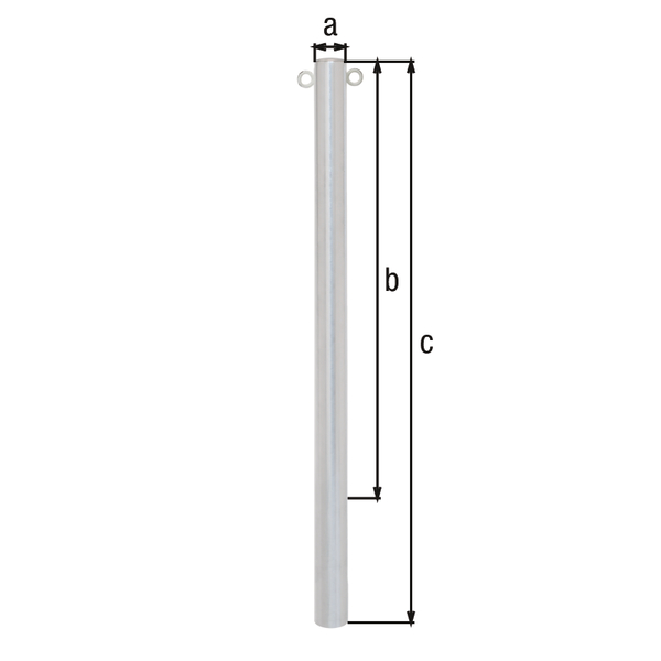 Bollard standard SK, round, Material: raw steel, Surface: hot-dip galvanised, for setting in concrete, Post dia.: 76 mm, Height above ground: 1000 mm, Total length of post: 1500 mm, No. of eyes: 2