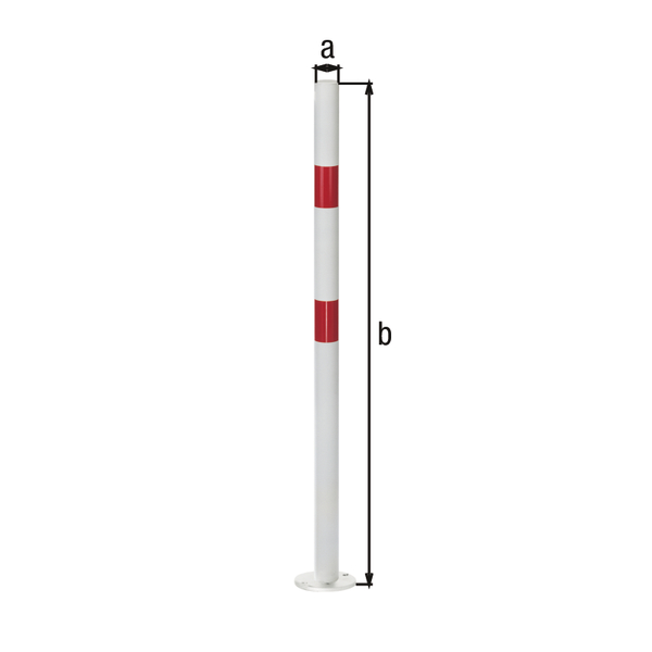 Bollard standard SK, round, Material: raw steel, Surface: hot-dip galvanised, white powder-coated with two red, reflecting rings, for screwing on, Post dia.: 76 mm, Height above ground: 1000 mm, Plate: 120 x 120 mm, Ground plate: 120 x 120 mm, No. of eyes: 0, No. of holes: 4, Hole: Ø13 mm