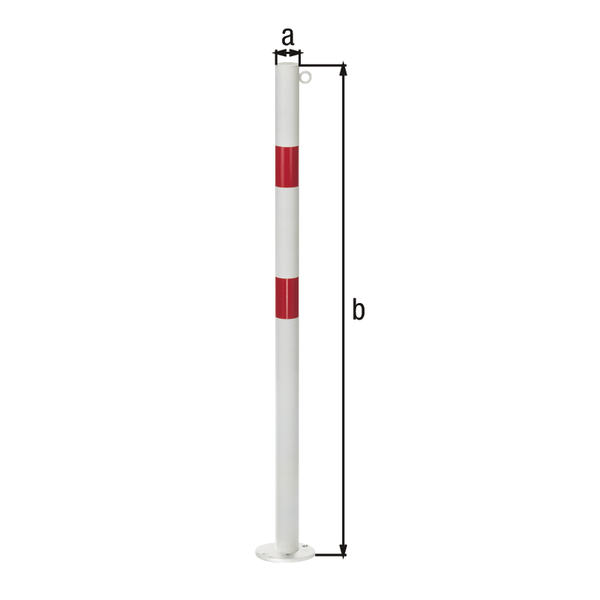 Bollard standard SK, round, Material: raw steel, Surface: hot-dip galvanised, white powder-coated with two red, reflecting rings, for screwing on, Post dia.: 76 mm, Height above ground: 1000 mm, Plate: 120 x 120 mm, Ground plate: 120 x 120 mm, No. of eyes: 1, No. of holes: 4, Hole: Ø13 mm