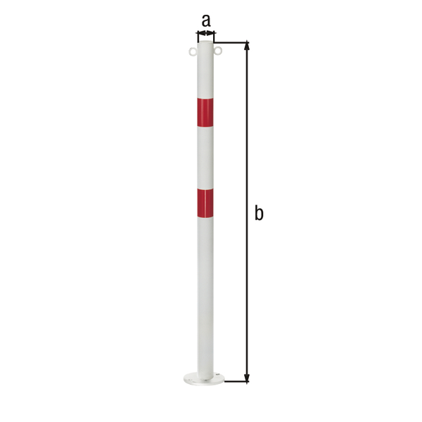 Bollard standard SK, round, Material: raw steel, Surface: hot-dip galvanised, white powder-coated with two red, reflecting rings, for screwing on, Post dia.: 76 mm, Height above ground: 1000 mm, Plate: 120 x 120 mm, Ground plate: 120 x 120 mm, No. of eyes: 2, No. of holes: 4, Hole: Ø13 mm