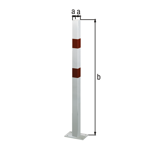 Bollard standard SK, angular, Material: raw steel, Surface: hot-dip galvanised, white powder-coated with two red, reflecting rings, for screwing on, Post: 70 x 70 mm, Height above ground: 1000 mm, Plate: 120 x 120 mm, No. of eyes: 0, No. of holes: 4, Hole: Ø13 mm