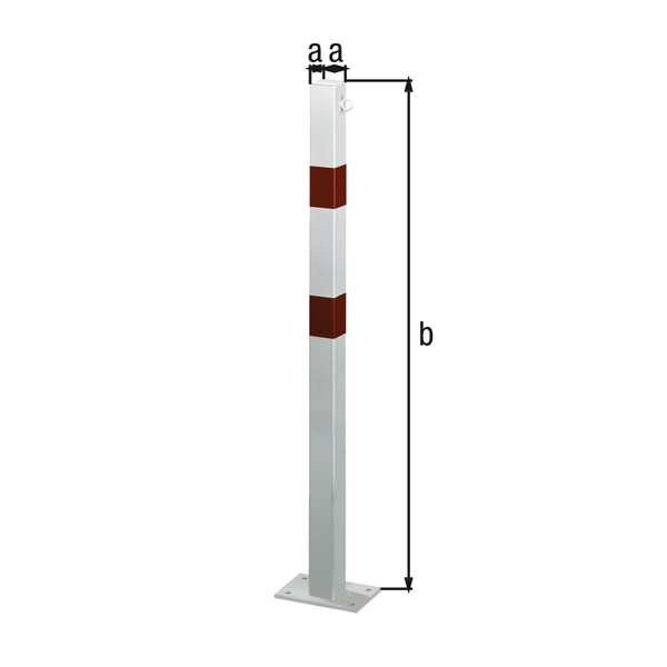 Bollard standard SK, angular, Material: raw steel, Surface: hot-dip galvanised, white powder-coated with two red, reflecting rings, for screwing on, Post: 70 x 70 mm, Height above ground: 1000 mm, Plate: 120 x 120 mm, No. of eyes: 1, No. of holes: 4, Hole: Ø13 mm