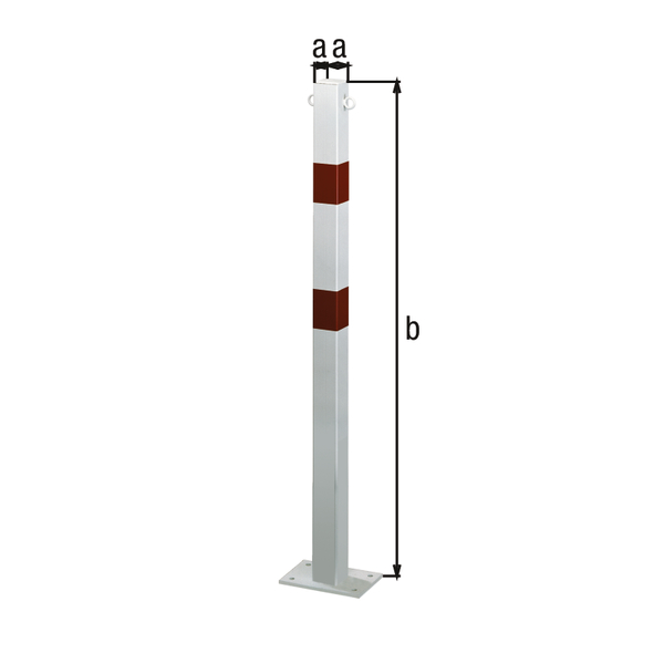 Bollard standard SK, angular, Material: raw steel, Surface: hot-dip galvanised, white powder-coated with two red, reflecting rings, for screwing on, Post: 70 x 70 mm, Height above ground: 1000 mm, Plate: 120 x 120 mm, No. of eyes: 2, No. of holes: 4, Hole: Ø13 mm