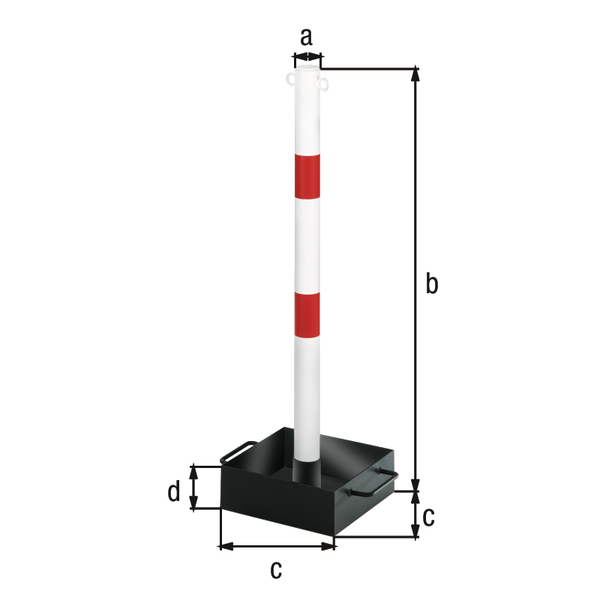 Post for barrier chain Outside, Material: raw steel, Surface: white powder-coated with two red, reflecting rings, transportable, Post dia.: 60 mm, Height above ground: 1000 mm, Foot base width: 300 x 300 mm, Foot base height: 100 mm, No. of eyes: 2