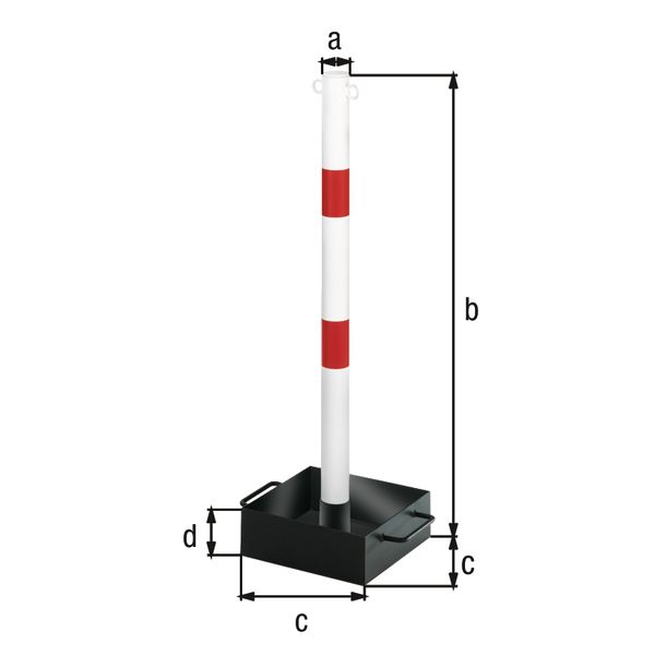 Absperrkettenständer Outside, Material: Stahl roh, Oberfläche: weiß kunststoffbeschichtet mit zwei roten, reflektierenden Ringen, transportabel, Pfosten-Ø: 60 mm, Höhe über Boden: 1000 mm, Standfußbreite: 300 x 300 mm, Standfußhöhe: 100 mm, Anzahl Ösen: 2