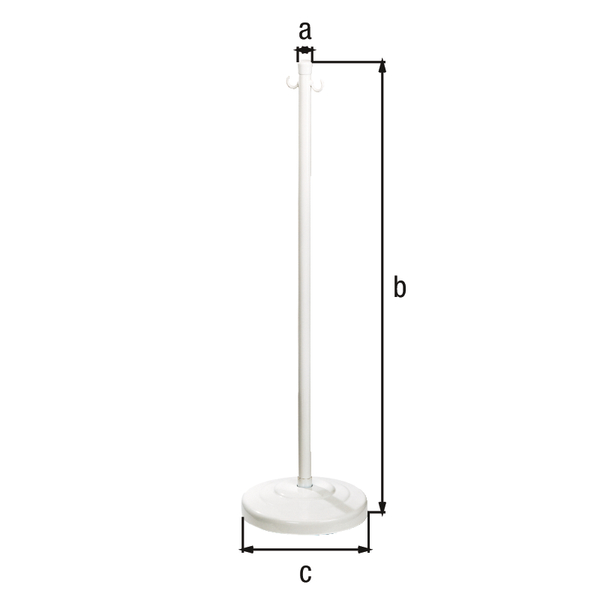 Post for barrier chain Inside, Material: raw steel, Surface: zinc phosphate plated, white powder-coated, transportable, Post dia.: 25 mm, Height above ground: 900 mm, Foot base dia.: 275 mm, No. of eyes: 2