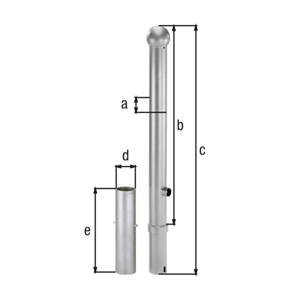 Absperrpoller Rustikal, Material: Stahl roh, Oberfläche: feuerverzinkt passiviert, zum Einbetonieren, herausnehmbar, Pfosten-Ø: 89 mm, Höhe über Boden: 1000 mm, Gesamtlänge Pfosten: 1200 mm, Bodenhülsen-Ø: 101 mm, Länge Bodenhülse: 400 mm