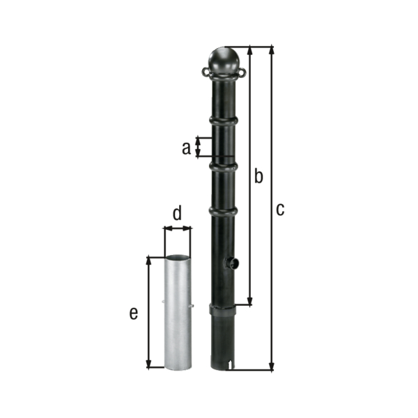 Bollard Vario, Material: raw steel, Surface: hot-dip galvanised, powder-coated anthracite-metallic, for setting in concrete, removable, Post dia.: 89 mm, Height above ground: 1000 mm, Total length of post: 1200 mm, Ground sleeve dia.: 101 mm, Length of ground sleeve: 400 mm