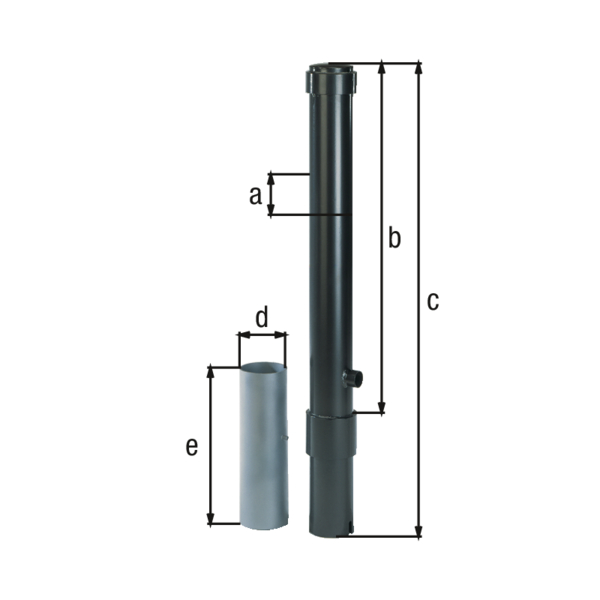Bollard Format, Material: raw steel, Surface: hot-dip galvanised, powder-coated anthracite-metallic, for setting in concrete, removable, Post dia.: 115 mm, Height above ground: 1000 mm, Total length of post: 1200 mm, Ground sleeve dia.: 127 mm, Length of ground sleeve: 400 mm
