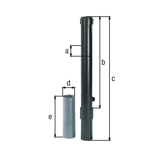 Absperrpoller Format, Material: Stahl roh, Oberfläche: feuerverzinkt, anthrazit-metallic kunststoffbeschichtet, zum Einbetonieren, herausnehmbar, Pfosten-Ø: 115 mm, Höhe über Boden: 1000 mm, Gesamtlänge Pfosten: 1200 mm, Bodenhülsen-Ø: 127 mm, Länge Bodenhülse: 400 mm, Verschließbarkeit: Dreikantschloss