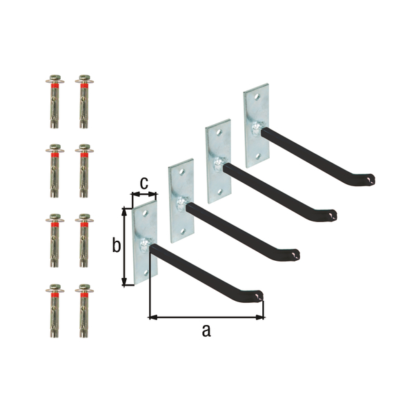 Felgenhalter-Set, Material: Stahl roh, Oberfläche: galvanisch verzinkt, Überzug aus PVC-Schlauch, Inhalt pro PE: 4 Set, Tiefe: 200 mm, Plattenlänge: 120 mm, Plattenbreite: 40 mm, Belastung max.: 40 kg, Plattenstärke: 5 mm