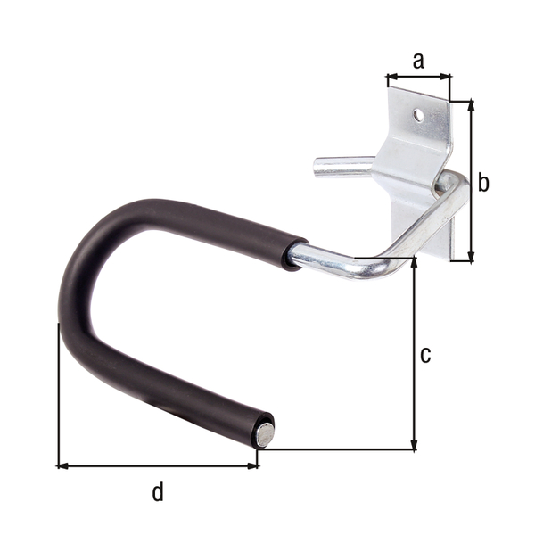 Ski holder, curved, Material: raw steel, Surface: blue galvanised, Plate width: 40 mm, Plate length: 60 mm, Height of hook: 70 mm, Width of hook: 130 mm, Max. load capacity: 10 kg