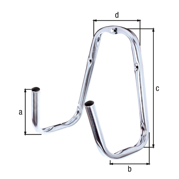 Wall hook, double-angled, Material: raw steel, Surface: blue galvanised, Height of hook: 125 mm, Depth: 165 mm, Total height: 250 mm, Width at top: 130 mm, Max. load capacity: 40 kg, Total width: 250 mm, Tube Ø: 18 mm