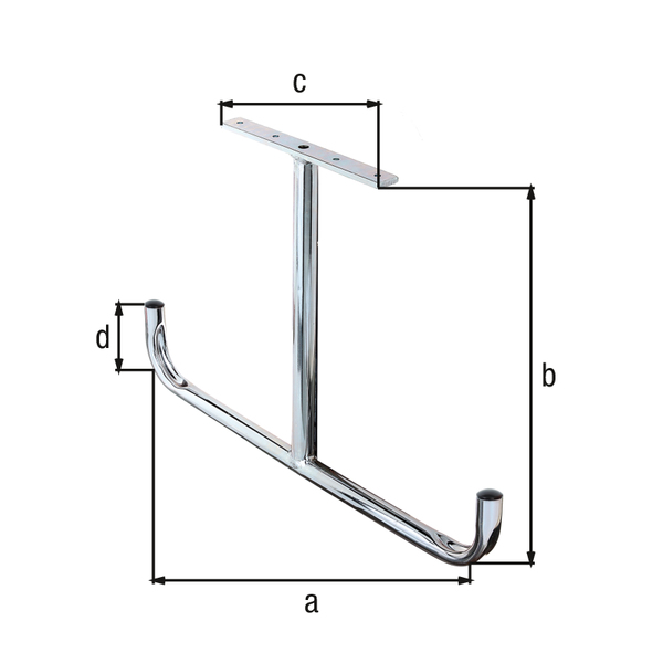 Ceiling hook, T shape, angled, Material: raw steel, Surface: blue galvanised, Total width: 430 mm, Total height: 295 mm, Width of screw-on plate: 180 mm, Height of hook: 95 mm, Max. load capacity: 20 kg, Plate: 20 x 5 mm, Tube Ø: 18 mm