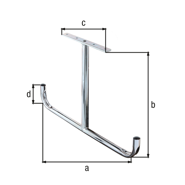 Deckenhaken, T-Form, abgewinkelt, Material: Stahl roh, Oberfläche: galvanisch blau verzinkt, Gesamtbreite: 430 mm, Gesamthöhe: 295 mm, Breite Anschraubplatte: 180 mm, Höhe Haken: 95 mm, Belastung max.: 20 kg, Platte: 20 x 5 mm, Rohr-Ø: 18 mm