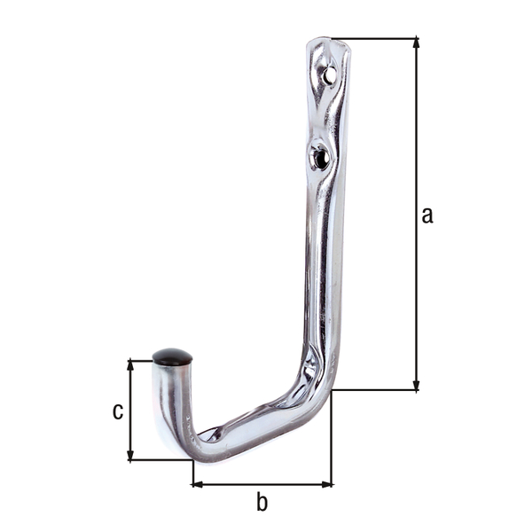 Wall hook, angled, Material: raw steel, Surface: blue galvanised, Height: 120 mm, Depth: 80 mm, Height of hook: 40 mm, Max. load capacity: 25 kg, Tube Ø: 12 mm