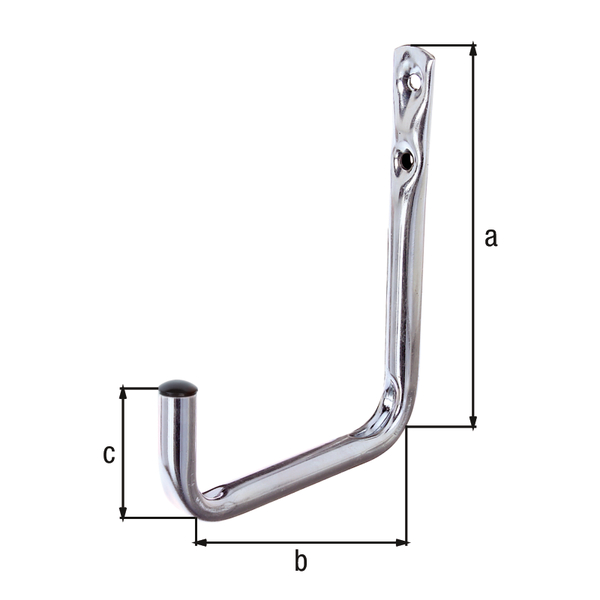 Wall hook, angled, Material: raw steel, Surface: blue galvanised, Height: 140 mm, Depth: 115 mm, Height of hook: 55 mm, Max. load capacity: 13 kg, Tube Ø: 12 mm
