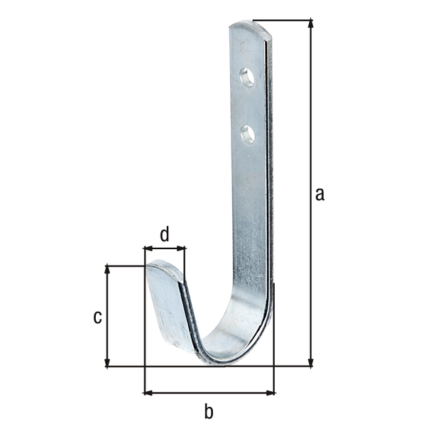 Wall hook, curved, Material: raw steel, Surface: blue galvanised, Total height: 90 mm, Depth: 30 mm, Height of hook: 35 mm, Width: 14 mm, Max. load capacity: 25 kg