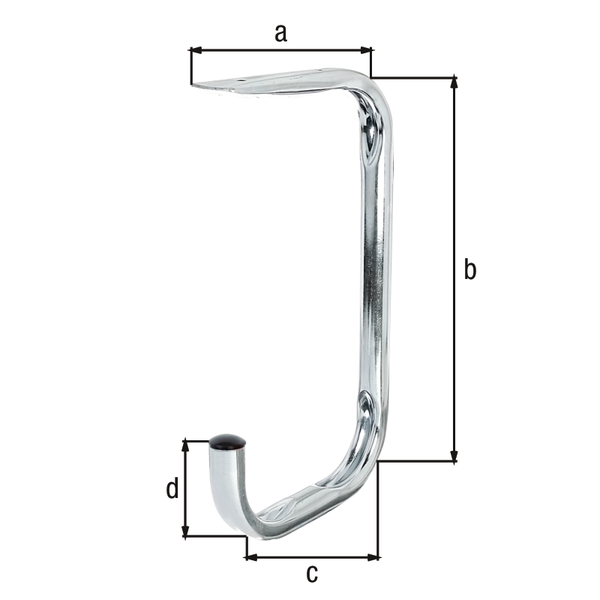 Ceiling hook, curved, Material: raw steel, Surface: blue galvanised, Depth: 155 mm, Total height: 255 mm, Depth of hook: 150 mm, Height of hook: 70 mm, Max. load capacity: 20 kg, Tube Ø: 18 mm