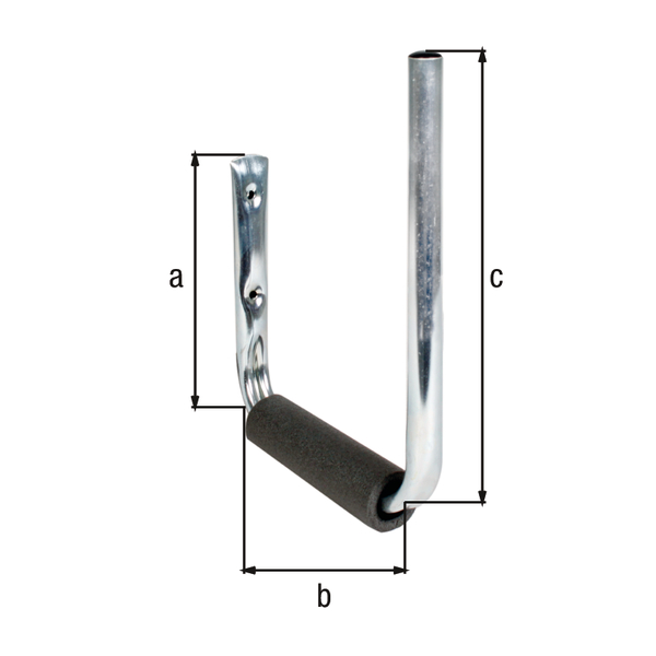 Surfboard holder, angled, for fixing to the wall, Material: raw steel, Surface: blue galvanised, Height: 180 mm, Depth: 200 mm, Height of hook: 270 mm, Max. load capacity: 15 kg, Tube Ø: 18 mm
