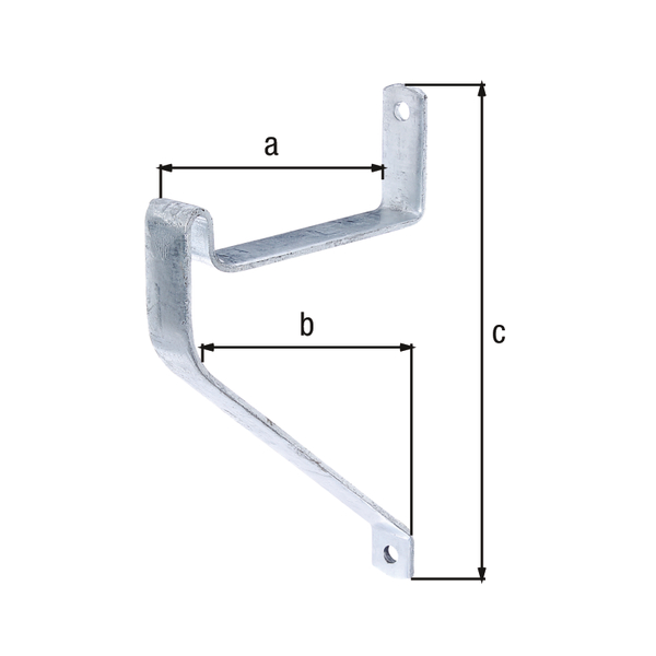 Leiterhaken, abgewinkelt, zwei Stück, Material: Stahl roh, Oberfläche: feuerverzinkt, Inhalt pro PE: 2 St., Tiefe: 150 mm, Länge Abwinkelung: 210 mm, Höhe: 275 mm, Belastung max.: 50 kg, SB-verpackt