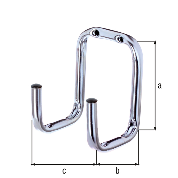 Wall hook, double-angled, Material: raw steel, Surface: blue galvanised, Height: 115 mm, Depth: 80 mm, Width: 90 mm, Max. load capacity: 20 kg, Tube Ø: 12 mm