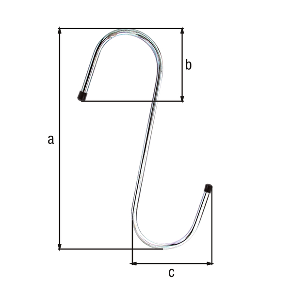 S-Haken, Material: Stahl roh, Oberfläche: galvanisch blau verzinkt, Gesamthöhe: 180 mm, Höhe Haken: 70 mm, Tiefe Haken: 60 mm, Belastung max.: 15 kg, Durchmesser: 6 mm