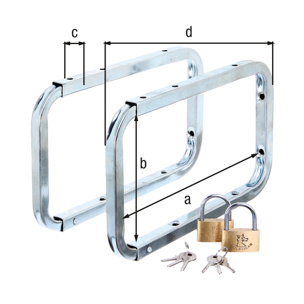 Ladder hooks, two pieces, Material: raw steel, Surface: blue galvanised, Contents per PU: 2 Piece, Clear depth: 216 mm, Clear height: 138 mm, Width: 16 mm, Total length: 282 mm, Type: lockable, Max. load capacity: 15 kg, Retail packaged