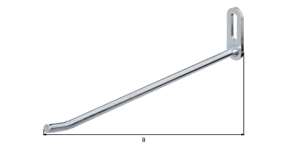 Pegboard hook, angled, Material: raw steel, Surface: blue galvanised, Depth: 200 mm, Max. load capacity: 16 kg, Diameter: 7 mm