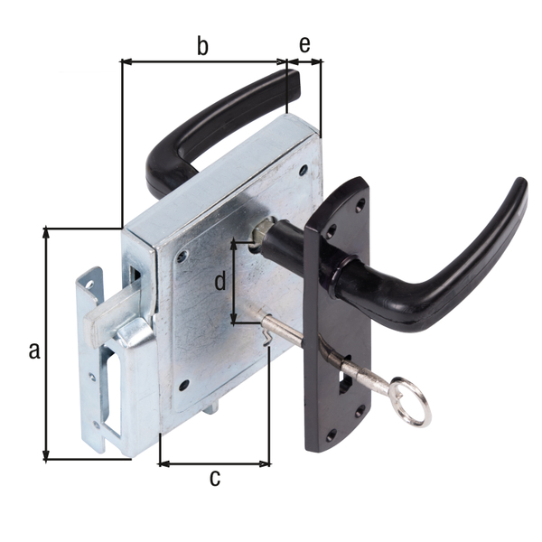 Sash lock box, Material: raw steel, Surface: blue galvanised, Contents per PU: 1 Piece, Height: 105 mm, Width: 100 mm, Size back set: 60 mm, Distance: 51 mm, Depth: 22 mm, Item description: With night lock, perforation for warded lock, No. of holes: 4 / 4 / 6, Hole: Ø5.5 / Ø4.2 / Ø4.5 mm, Retail packaged