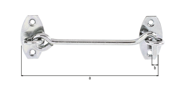 Hook and eye, with eyes on plates, with countersunk screw holes, Material: raw steel, Surface: galvanised, thick-film passivated, for screwing on, Contents per PU: 1 Piece, Distance centre - centre lug: 120 mm, Hook dia.: 5.8 mm, No. of holes: 4, Hole: Ø4 mm, Retail packaged