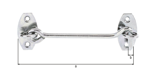 Sturmhaken, mit Ösen auf Platten, mit versenkten Schraublöchern, Material: Stahl roh, Oberfläche: galvanisch verzinkt, Dickschichtschutz, zum Anschrauben, Inhalt pro PE: 1 St., Abstand Mitte - Mitte Öse: 120 mm, Haken-Ø: 5,8 mm, Anzahl Löcher: 4, Loch: Ø4 mm, SB-verpackt