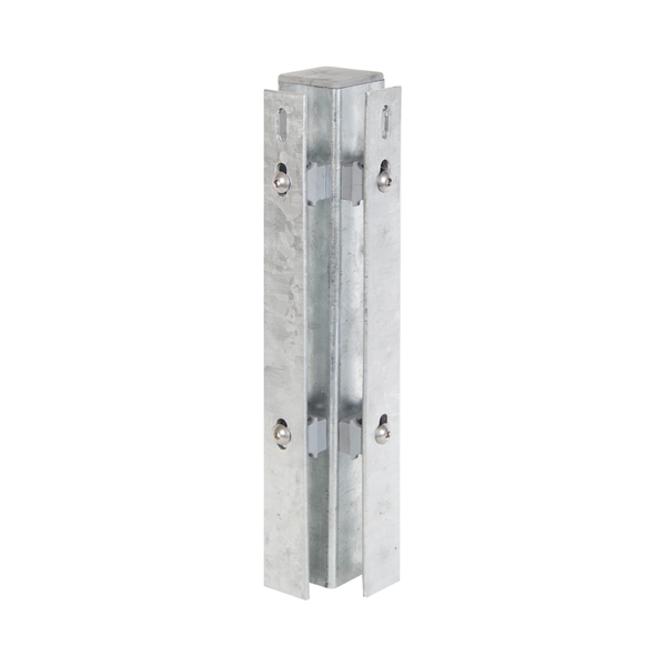 Corner post incl. flat iron, drilling distance 400 mm, for fixing of double bar grating panels, the flat iron supplied with the order in a separate parcel, Material: raw steel, Surface: hot-dip galvanised, for setting in concrete, Length: 1000 mm, For mat height: 600 mm, Post thickness: 60 x 60 mm, Flat iron: 40 x 4 mm, No. of holes: 6, 15-year warranty against rusting through