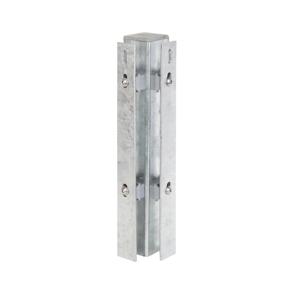 Corner post incl. flat iron, drilling distance 400 mm, for fixing of double bar grating panels, the flat iron supplied with the order in a separate parcel, Material: raw steel, Surface: hot-dip galvanised, for setting in concrete, Length: 1200 mm, For mat height: 800 mm, Post thickness: 60 x 60 mm, Flat iron: 40 x 4 mm, No. of holes: 6, 15-year warranty against rusting through