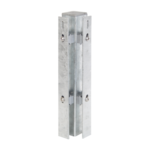Corner post incl. flat iron, drilling distance 400 mm, for fixing of double bar grating panels, the flat iron supplied with the order in a separate parcel, Material: raw steel, Surface: hot-dip galvanised, for setting in concrete, Length: 1500 mm, For mat height: 1000 mm, Post thickness: 60 x 60 mm, Flat iron: 40 x 4 mm, No. of holes: 8, 15-year warranty against rusting through