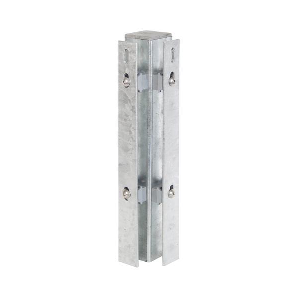 Corner post incl. flat iron, drilling distance 400 mm, for fixing of double bar grating panels, the flat iron supplied with the order in a separate parcel, Material: raw steel, Surface: hot-dip galvanised, for setting in concrete, Length: 1750 mm, For mat height: 1200 mm, Post thickness: 60 x 60 mm, Flat iron: 40 x 4 mm, No. of holes: 8, 15-year warranty against rusting through