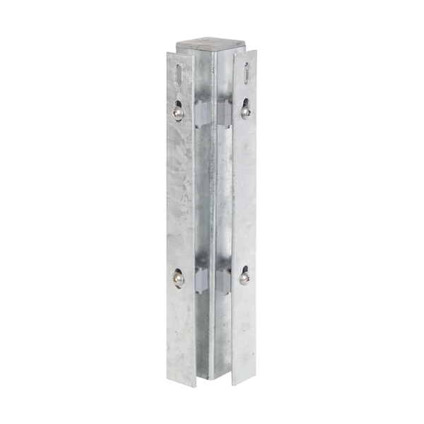 Corner post incl. flat iron, drilling distance 400 mm, for fixing of double bar grating panels, the flat iron supplied with the order in a separate parcel, Material: raw steel, Surface: hot-dip galvanised, for setting in concrete, Length: 2250 mm, For mat height: 1600 mm, Post thickness: 60 x 60 mm, Flat iron: 40 x 4 mm, No. of holes: 10, 15-year warranty against rusting through