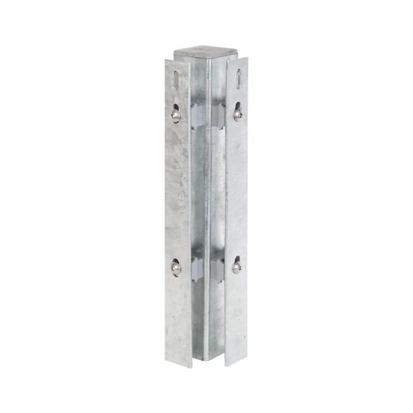 Corner post incl. flat iron, drilling distance 400 mm, for fixing of double bar grating panels, the flat iron supplied with the order in a separate parcel, Material: raw steel, Surface: hot-dip galvanised, for setting in concrete, Length: 2400 mm, For mat height: 1800 mm, Post thickness: 60 x 60 mm, Flat iron: 40 x 4 mm, No. of holes: 12, 15-year warranty against rusting through