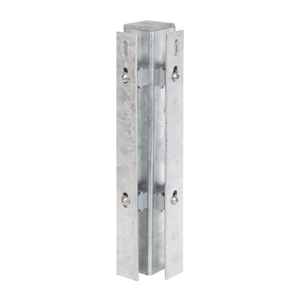 Corner post incl. flat iron, drilling distance 400 mm, for fixing of double bar grating panels, the flat iron supplied with the order in a separate parcel, Material: raw steel, Surface: hot-dip galvanised, for setting in concrete, Length: 3000 mm, For mat height: 2400 mm, Post thickness: 60 x 60 mm, Flat iron: 40 x 4 mm, No. of holes: 14, 15-year warranty against rusting through